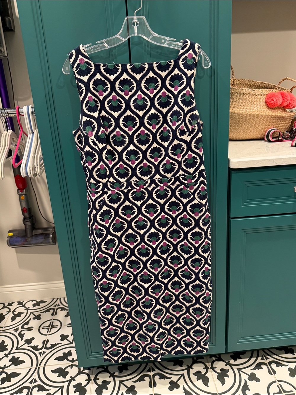 Sleeveless Patterned Biden Dress with Purple, Navy & Green Accents